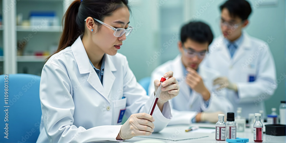 Dedicated scientists meticulously analyze samples, their focused gazes tracing intricate details under bright lab lights Dedicated scientists meticulously analyze samples, their focused gazes tracing intricate details under bright lab lights