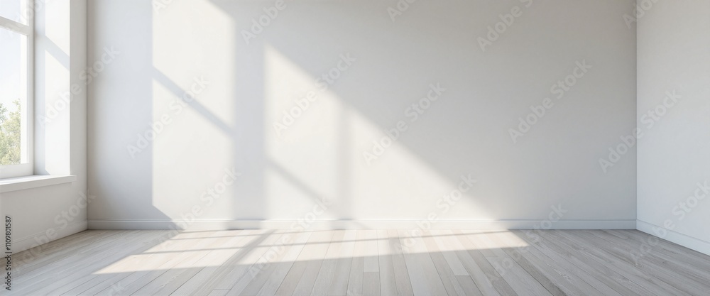 Fototapeta premium Empty minimalist room with sunlight streaming through window with copy space