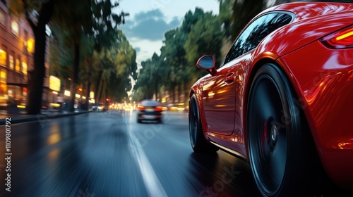 Dynamic Close-Up of a Red Sports Car in Motion on a Wet Urban Street During Dusk, Showcasing Speed, Power, and Vibrant City Lights in the Background