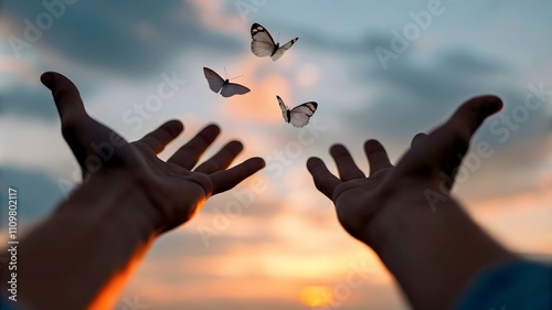 hope, hands reaching towards butterflies 