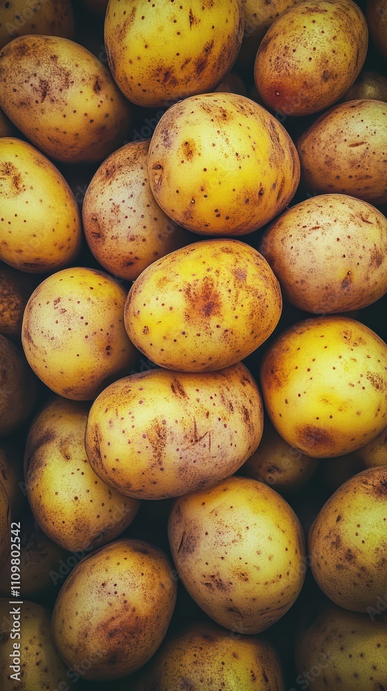 A vibrant display of fresh, organic potatoes fills the frame, highlighting their earthy colors and unique textures, ready for purchase at a local market A vibrant display of fresh, organic potatoes fills the frame, highlighting their earthy colors and unique textures, ready for purchase at a local market