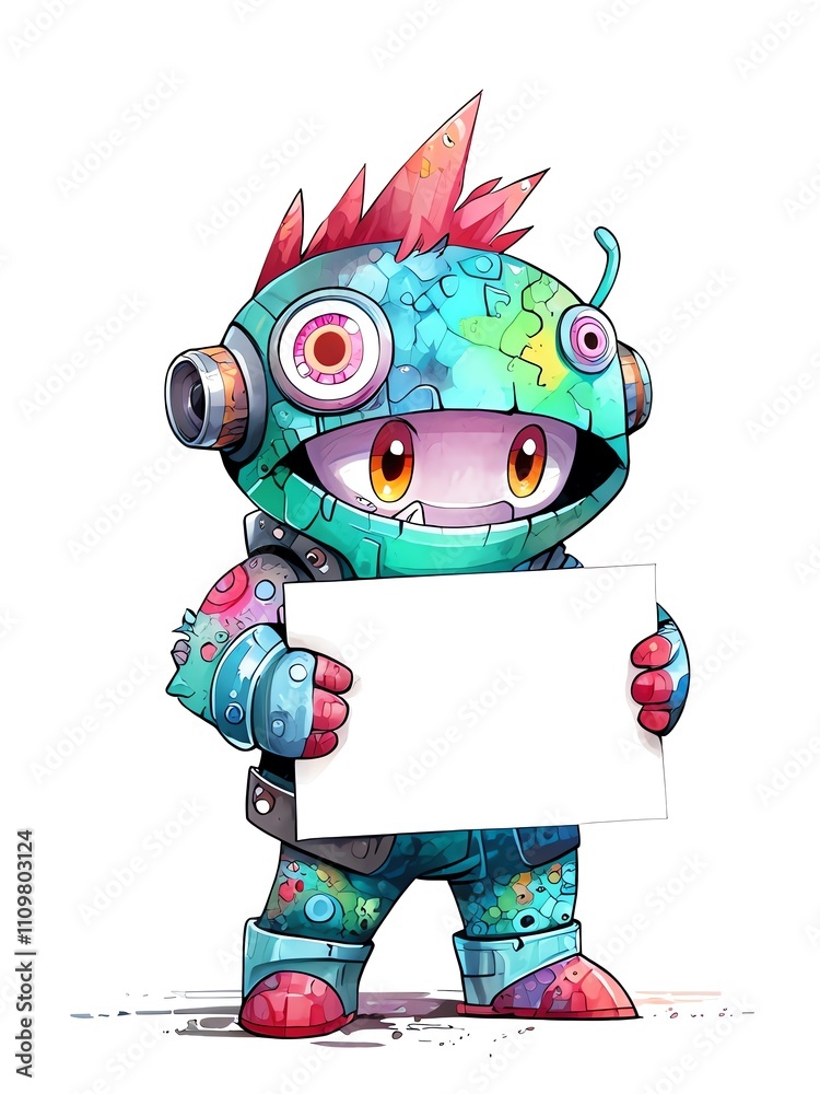 Colorful Robot Holding a Blank Sign: A Digital Illustration Colorful Robot Holding a Blank Sign: A Digital Illustration