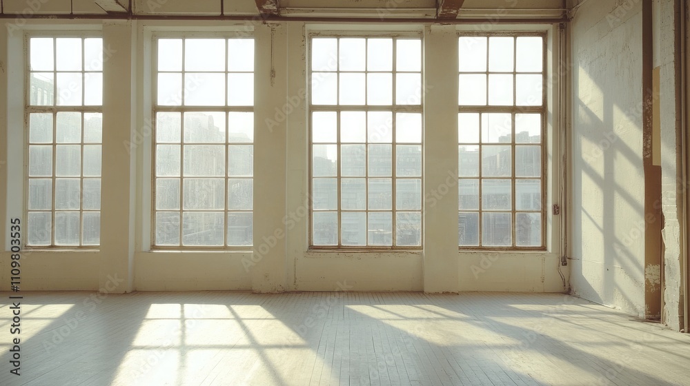 Modern Loft Hall with Expansive White Windows and Beige Accents in a Cozy Living Room Studio