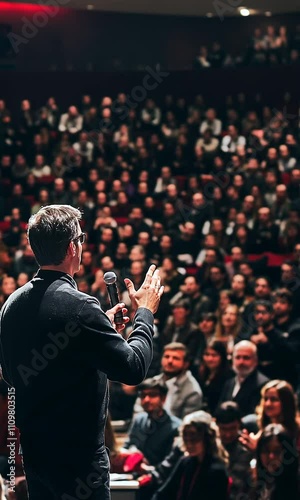 Speaker Engaging Audience in Large Auditorium Scene