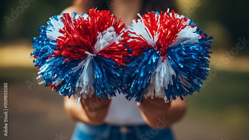Red, white and blue pom-poms held guide style, with copy space, no faces visible, very detailed, close up.