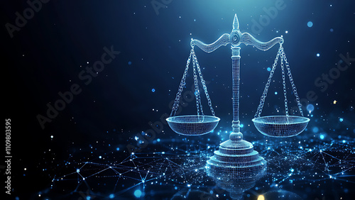  Scales of justice and judge set in light blue futuristic monochrome style on technology background.