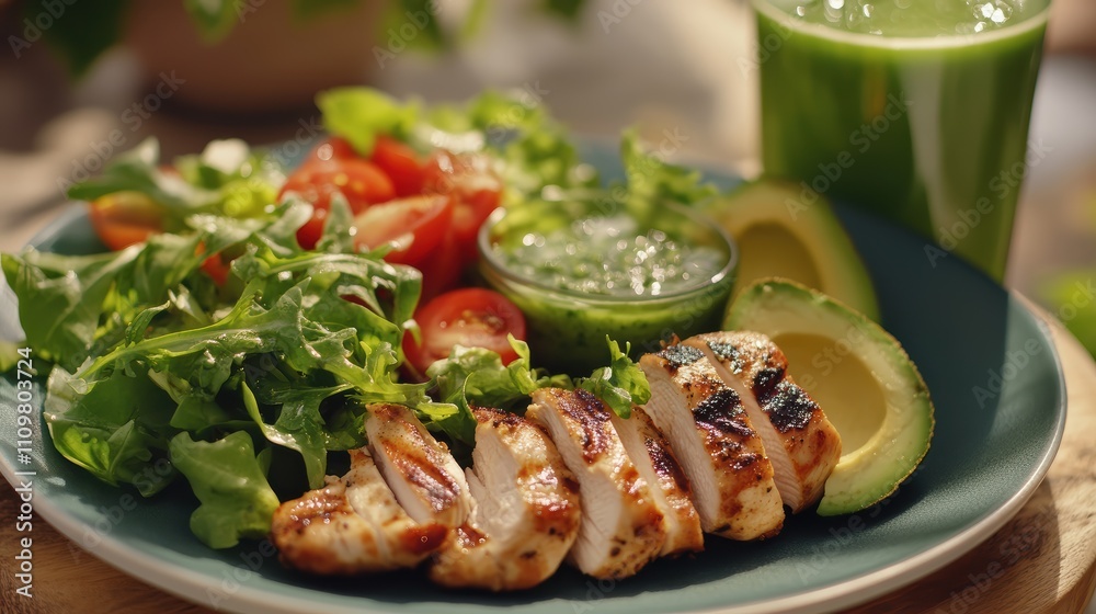 A colorful plate showcases sliced grilled chicken breast accompanied by a fresh garden salad of mixed greens, cherry tomatoes, and avocado. A green drink adds a refreshing touch A colorful plate showcases sliced grilled chicken breast accompanied by a fresh garden salad of mixed greens, cherry tomatoes, and avocado. A green drink adds a refreshing touch