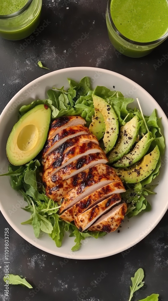 A grilled chicken breast is sliced over a bed of fresh arugula, garnished with avocado slices. Two vibrant green smoothies are placed nearby, creating a healthy meal A grilled chicken breast is sliced over a bed of fresh arugula, garnished with avocado slices. Two vibrant green smoothies are placed nearby, creating a healthy meal