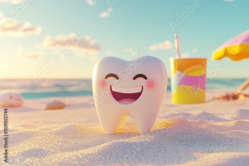 A cheerful cartoon tooth character sits on sandy beach enjoying a sunny day. In the background, a colorful drink and beach umbrella enhance the playful summer atmosphere