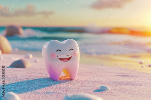 A cheerful tooth character relaxes on a sandy beach, surrounded by smooth pebbles and sparkling waves, capturing the essence of summer joy and dental health