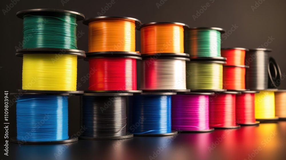 Colorful spools of thread arranged in a gradient display. Colorful spools of thread arranged in a gradient display.