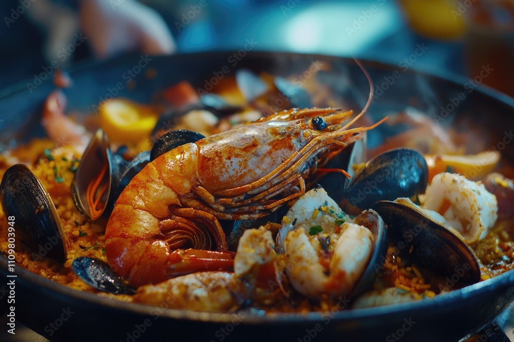 Closeup of Traditional Spanish Paella Loaded with Fresh Seafood: A Culinary Delight from Valencia, Spain Closeup of Traditional Spanish Paella Loaded with Fresh Seafood: A Culinary Delight from Valencia, Spain