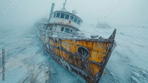 A haunting image of an abandoned, rusty ship frozen in an icy landscape with a chilling mist hanging in the air, evoking solitude and desolation. photo