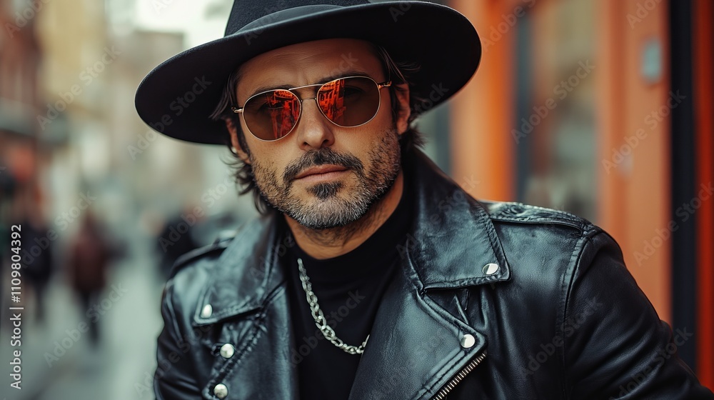 A fashionable man wearing a hat, sunglasses, and a leather jacket, exuding a cool and confident urban vibe while posing against a vibrant city backdrop. A fashionable man wearing a hat, sunglasses, and a leather jacket, exuding a cool and confident urban vibe while posing against a vibrant city backdrop.