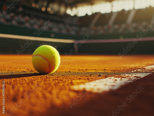 Tennis ball resting on clay court during evening light before a match photo