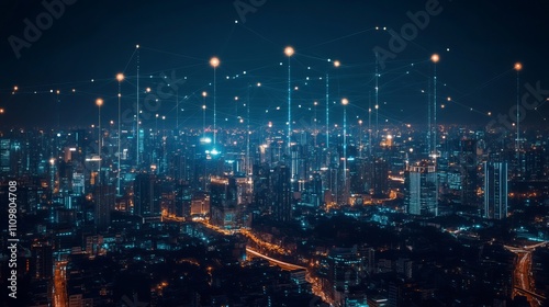 Wallpaper Mural A smart city skyline at night, featuring a network of digital light nodes above, symbolizing connectivity, modern infrastructure, and urban intelligence. Torontodigital.ca