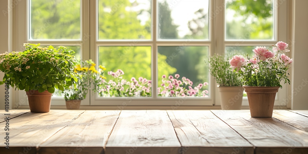 A table with two potted plants and a window in the background. The plants are in different sizes and colors, and the window lets in natural light. The table is wooden and has a rustic feel to it A table with two potted plants and a window in the background. The plants are in different sizes and colors, and the window lets in natural light. The table is wooden and has a rustic feel to it