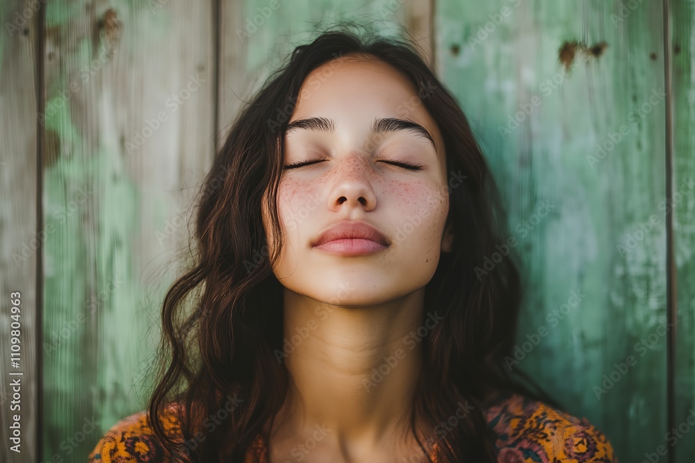 A woman with brown hair and a red nose is sitting with her eyes closed. She has a calm and peaceful expression on her face A woman with brown hair and a red nose is sitting with her eyes closed. She has a calm and peaceful expression on her face