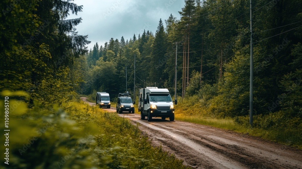 Obraz premium Vehicles on a Forest Road Surrounded by Nature
