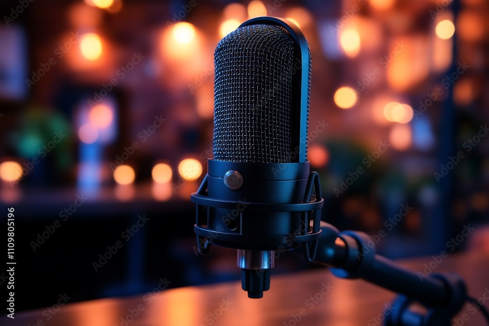 A black podcasting microphone on a mic arm with a blurry background of a small modern podcast room A black podcasting microphone on a mic arm with a blurry background of a small modern podcast room