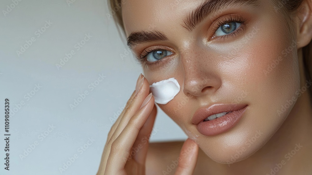 Close-Up Portrait of a Woman Applying Moisturizing Cream on Her Face with Smooth Skin and Natural Makeup Close-Up Portrait of a Woman Applying Moisturizing Cream on Her Face with Smooth Skin and Natural Makeup