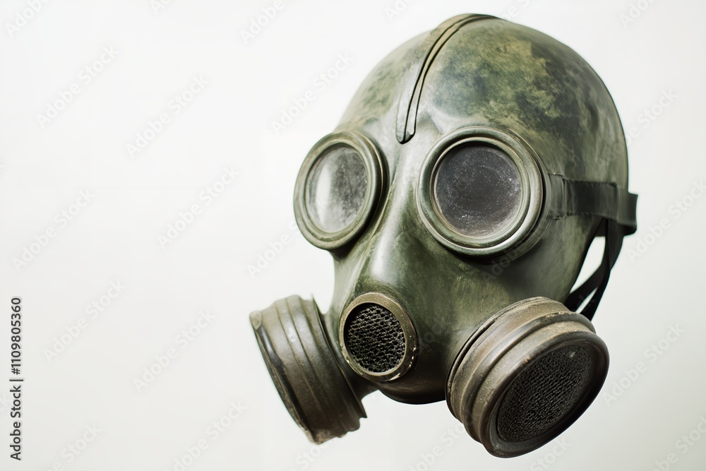 A gas mask with a black strap and a green face. The mask is old and worn, and it is a gas mask used for protection against toxic gases A gas mask with a black strap and a green face. The mask is old and worn, and it is a gas mask used for protection against toxic gases