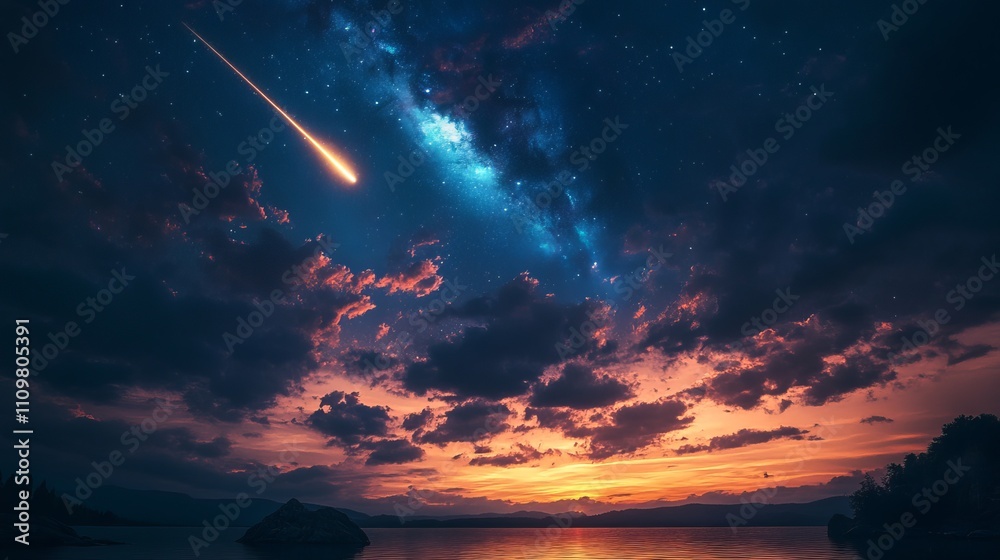Obraz premium A meteor streaks across a stunning sunset sky, bringing vibrant hues and a sense of wonder to a beautiful landscape, creating a breathtaking celestial scene.