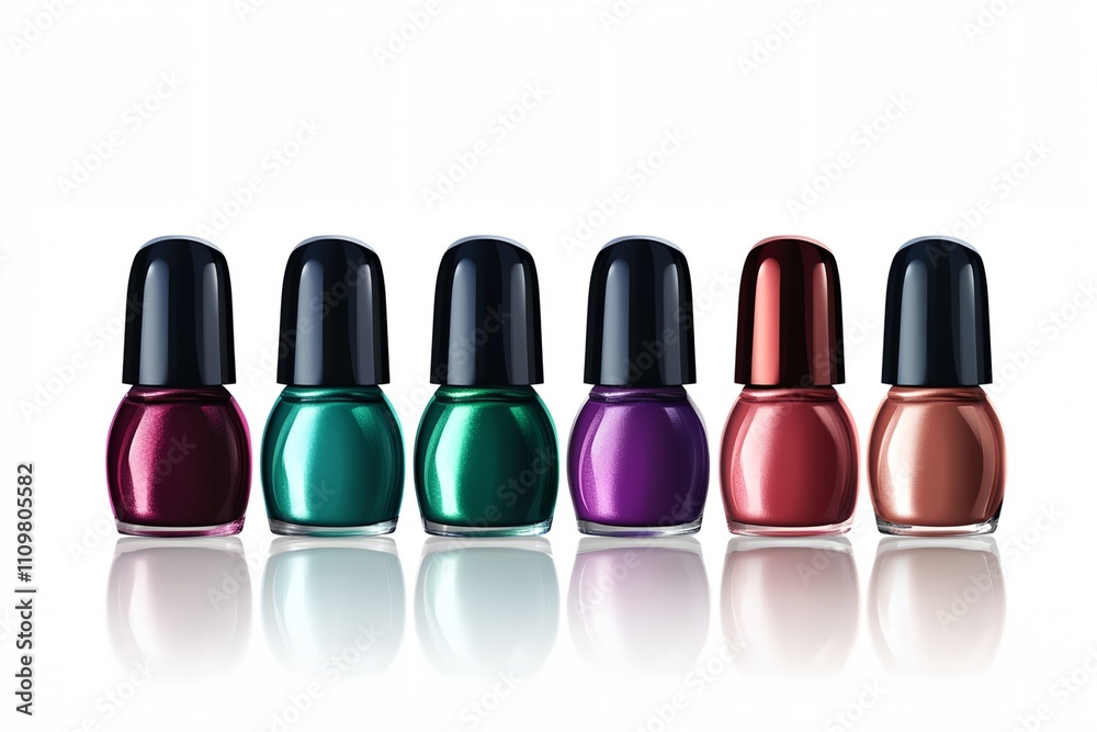 A row of nail polish bottles with different colors. The bottles are lined up next to each other A row of nail polish bottles with different colors. The bottles are lined up next to each other