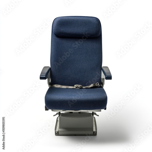 Comfortable Airplane Seat with Blue Upholstery and Safety Belt Isolated on White Background