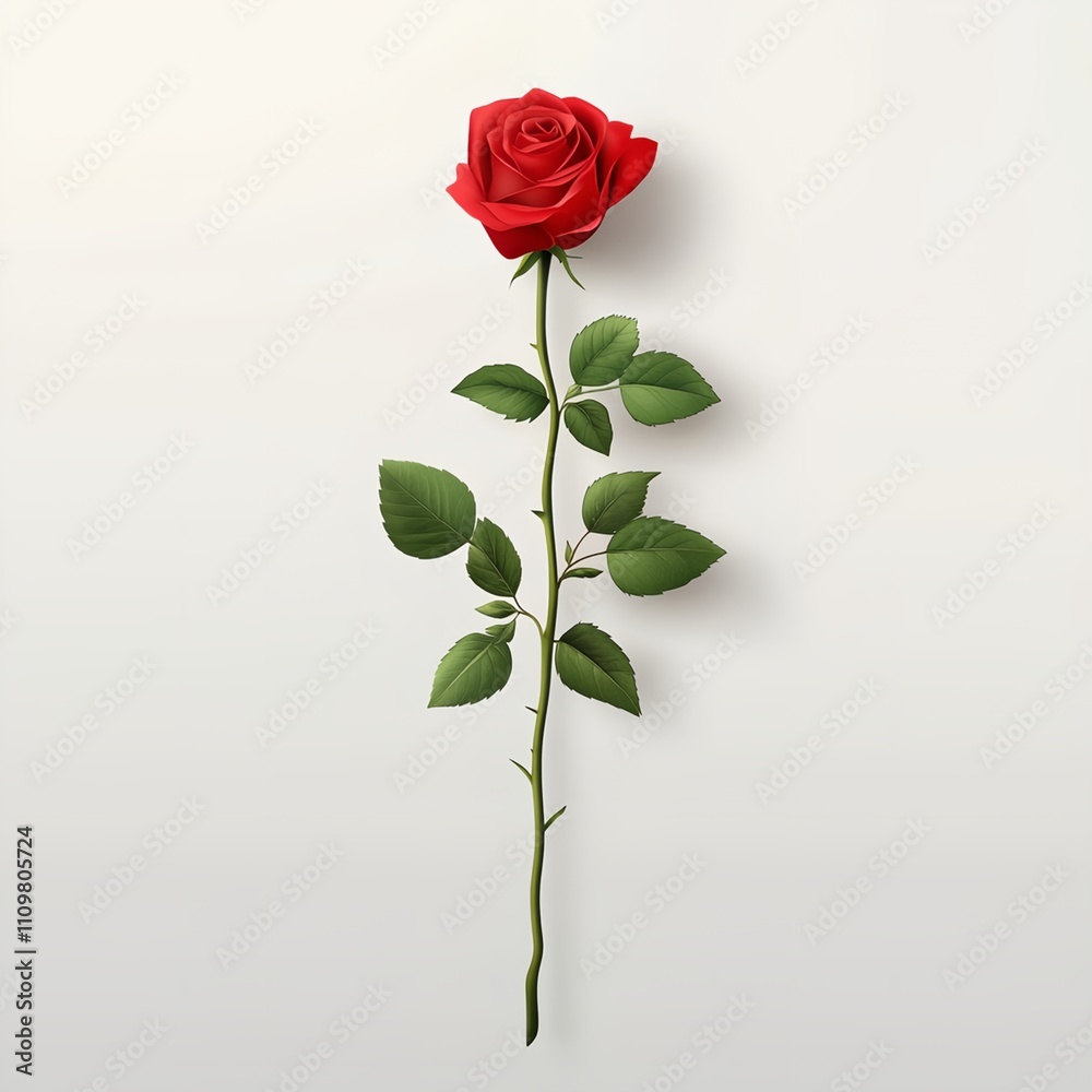 Fototapeta premium A single red rose with green leaves. The rose is the main focus of the image, and the green leaves add a touch of color and contrast to the red. Concept of beauty and elegance
