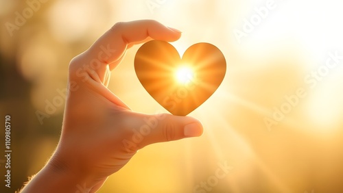 Hand holding heart figure with glowing sunlight rays