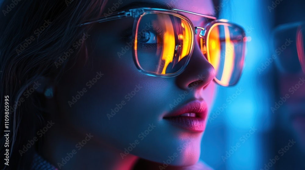 A close-up of a woman wearing reflective sunglasses with vibrant lighting.
