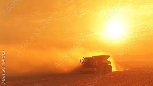 Combine harvester unloading grain into a truck, mid-action, dust, golden sunset,