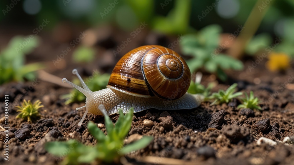 Close-up of a snail crawling on dark soil among green plants. Close-up of a snail crawling on dark soil among green plants.