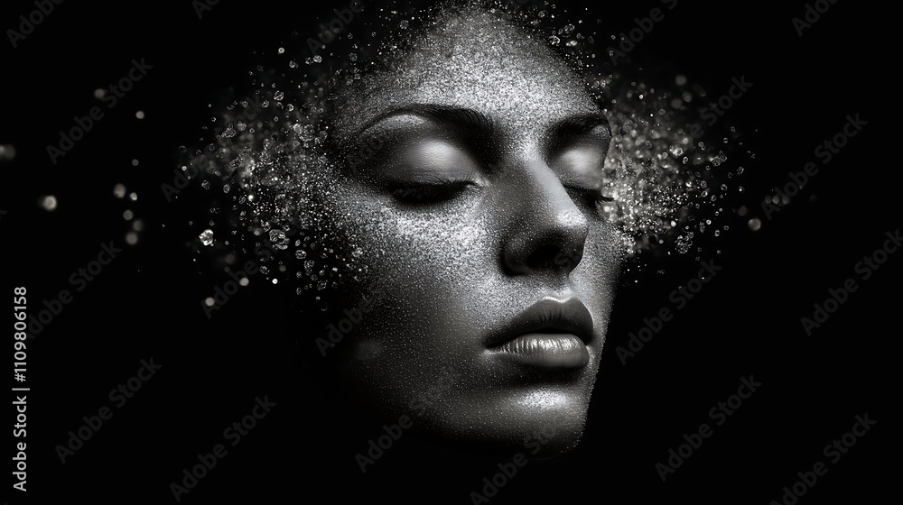 A monochrome surreal representation of a face dissolving into fine particles, dreams and reality, transformation, and human consciousness A monochrome surreal representation of a face dissolving into fine particles, dreams and reality, transformation, and human consciousness