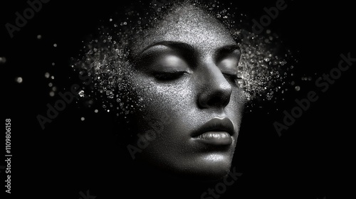 A monochrome surreal representation of a face dissolving into fine particles, dreams and reality, transformation, and human consciousness