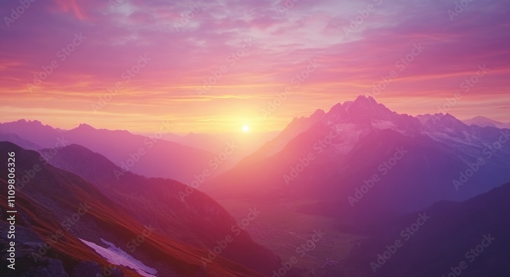 Fototapeta premium Breathtaking Dawn: A Panoramic View of a Colorful Sunrise Over Majestic Mountains, Symbolizing Awakening and Emotional Joy in Everyday Life