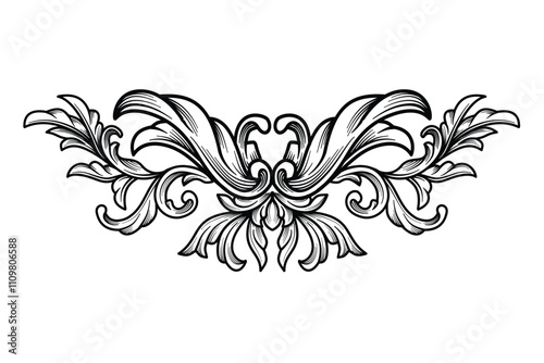 Symmetrical Baroque floral vintage engraving outline design for tattoo. Luxury Flourish filigree ornament. Hand drawn Victorian Arabesque border frame. Antique Swirl element vector design.