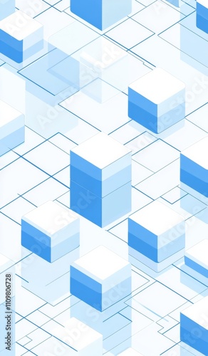 Simple Flat Illustration of Blockchain with Isometric Pattern, Blue Color Theme, Geometric Blocks with Sharp Edges and Rounded Corners, Single Cube Adding Nodes to the Chain.