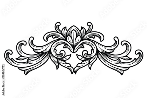 Filigree engraved scroll ornament leaf retro decorative design tattoo black and white. Romantic vintage Baroque arabesque victorian border floral flower pattern border frame vector illustration. 