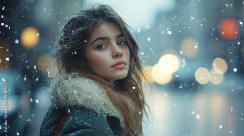 A young woman in a snowy urban setting, gazing thoughtfully.