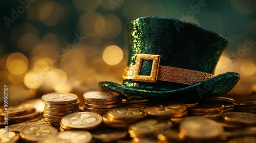 A green hat with a gold buckle, sitting amidst piles of golden coins, illuminated by soft, glowing lights, creating a festive and enchanting atmosphere. photo