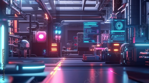 Futuristic neon-lit industrial laboratory interior with advanced technology and machinery.