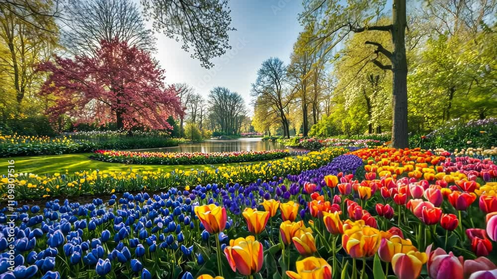 A vibrant spring garden filled with colorful tulips and lush greenery by a serene pond. A vibrant spring garden filled with colorful tulips and lush greenery by a serene pond.