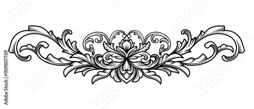Arabesque, filigree heraldic crest with flourish floral engraved pattern ornament. Baroque engraving divider, corner, border frame design element, vector illustration