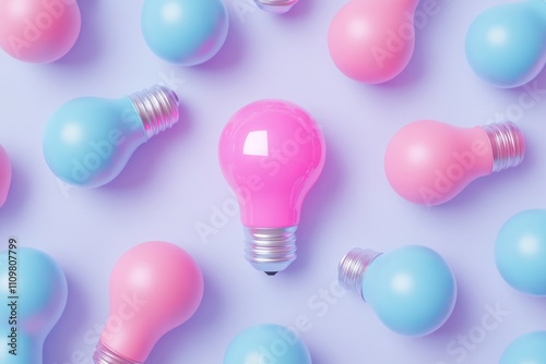 Creative Exploration of a Pink Bulb Nestled Among Blue Bulbs Against a Soft Pastel Backdrop