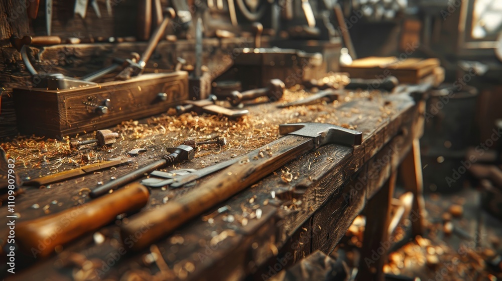 Rustic woodworking workbench with tools and wood shavings. Rustic woodworking workbench with tools and wood shavings.