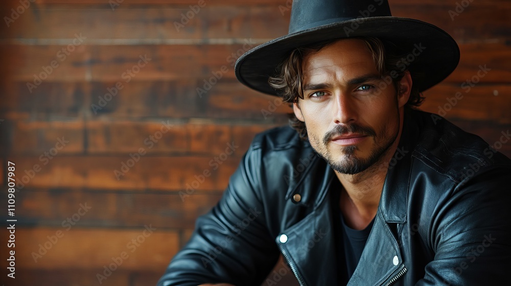 A confident man with a rugged look, wearing a black leather jacket and a wide-brimmed hat, sits against a wooden background, showcasing a stylish and modern vibe. A confident man with a rugged look, wearing a black leather jacket and a wide-brimmed hat, sits against a wooden background, showcasing a stylish and modern vibe.