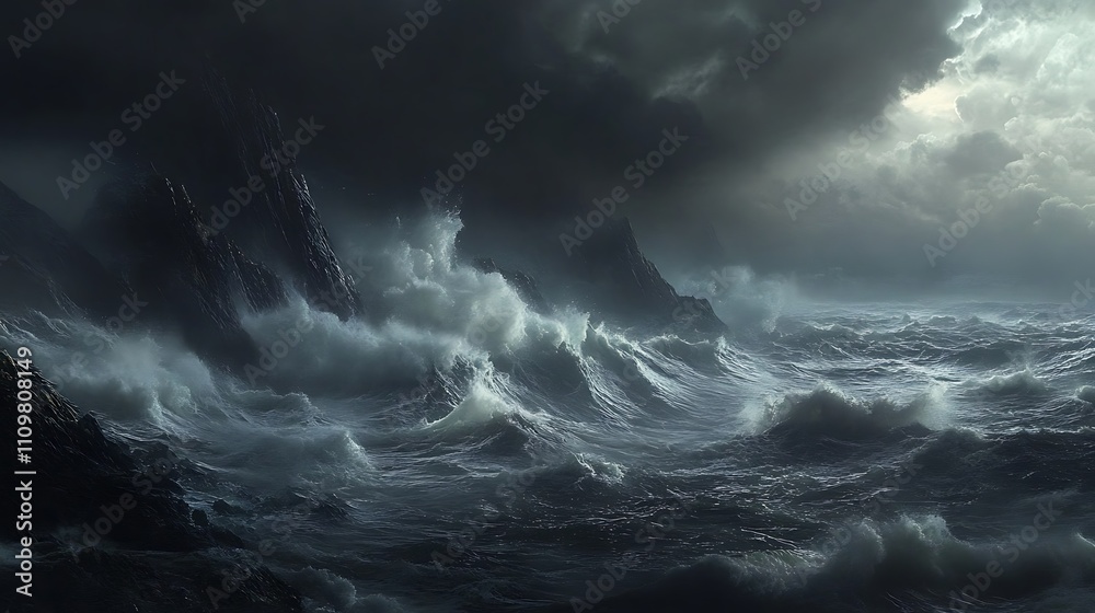 Dramatic ocean storm scene with dark, rocky cliffs and massive waves under a stormy sky.
