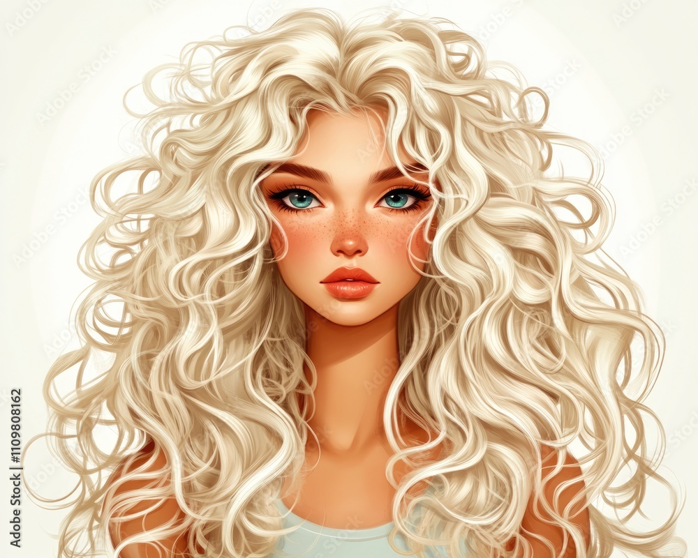 Fototapeta premium Charming Young Woman with Luscious Blonde Curls and Natural Makeup, Exuding Timeless Beauty